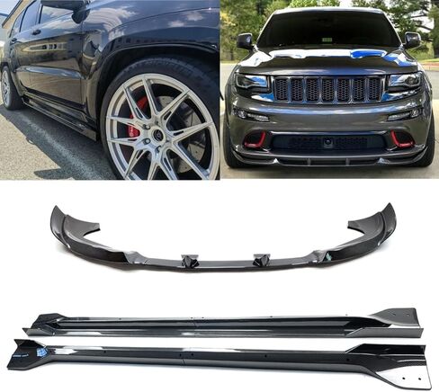 مجموعات الجسم المتوافقة مع Jeep Grand Cherokee SRT 2013-2016، SRT8 2012-2013،2015-2016 الشفة الأمامية + تنورة جانبية ممتدة لألواح الشفاه (أسود لامع) in Saudi Arabia