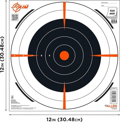 Allen Company EZ Aim Paper Shooting Targets، Bullseye، Peel Away Target Pad، 12 بوصة مربعة، 100 حزمة، أسود/برتقالي/أبيض، مقاس واحد، (15334-100) in Saudi Arabia