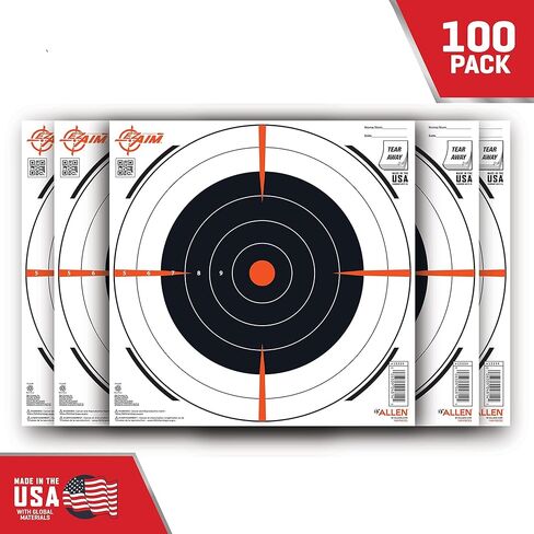 Allen Company EZ Aim Paper Shooting Targets، Bullseye، Peel Away Target Pad، 12 بوصة مربعة، 100 حزمة، أسود/برتقالي/أبيض، مقاس واحد، (15334-100) in Saudi Arabia