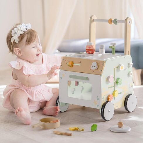 ROBOTIME Baby Walker Push Toy, Adjustable Height & Speed, Prevents Bow Legs, Spring Garden Activity Center with Clock, Shape Sorter, Play Kitchen, and Sink, Ideal Toddler Walking Toy for 10+ Months in Saudi Arabia