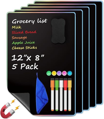 MaxGear 5 Pack Magnetic Whiteboard Sheets for Fridge, 12"x 8" Small Refrigerator Dry Erase Board for Kitchen Organizer and Planner, Smooth and Reusable, Includes 5 Markers, 5 Magnets and 1 Eraser in Kuwait