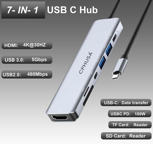 USB-C Hub 7-in-1 Multiport Adapter – 4K@30Hz HDMI, USB 3.0, USB 2.0, 100W PD Charging, SD/TF Card Reader – USB-C Docking Station for MacBook Pro/Air, Chromebook, Dell, HP & Type-C Devices in Saudi Arabia