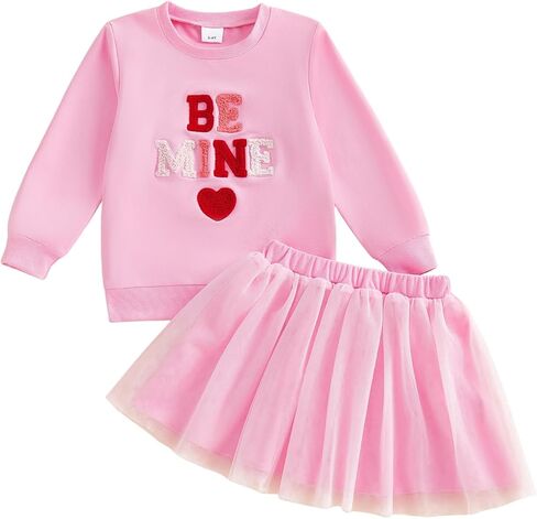 Toddler Valentines Outfit Girl Be Mine Heart Embroidery Sweatshirt Tulle Tutu Dress Girls 2Pcs Pink Skirt Set 1-7Y in Saudi Arabia