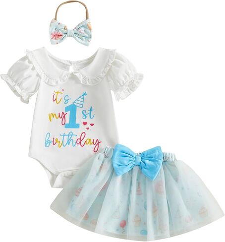 BeQeuewll Baby Girl 1st Birthday Outfit Its My Birthday Romper+Cupcake Tulle Tutu Skirt+Headband Baby Birthday Party Dress in Saudi Arabia