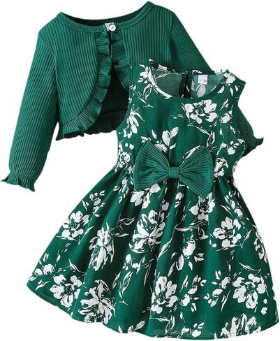 Print Dress with Matching Coat for Girls, Green Skirt Set for Parties and Daily Wear in Saudi Arabia
