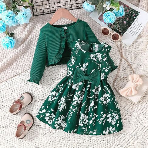 Print Dress with Matching Coat for Girls, Green Skirt Set for Parties and Daily Wear in Saudi Arabia