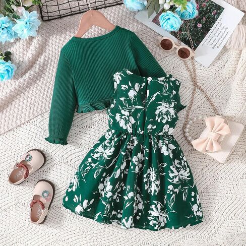 Print Dress with Matching Coat for Girls, Green Skirt Set for Parties and Daily Wear in Saudi Arabia