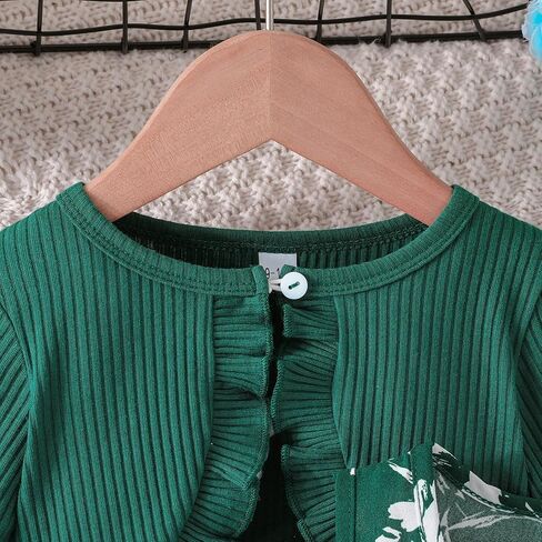 Print Dress with Matching Coat for Girls, Green Skirt Set for Parties and Daily Wear in Saudi Arabia
