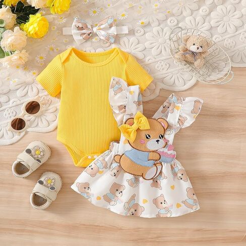Baby Girl Romper Outfit Set Ribbed Short Sleeve Romper Suspender Skirt with Applique Bib and Headband 3 Piece in Saudi Arabia