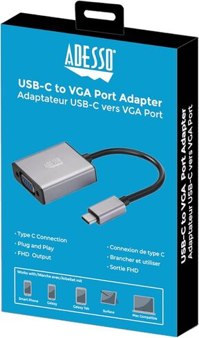 محول ADESSO USB C إلى VGA، من الألومنيوم، محول Thunderbolt 3/4 إلى VGA متوافق مع iPhone 15 Pro/Max، MacBook Pro/Air 2023، iPad Pro، iMac، S23، XPS 17، Surface Book، والمزيد in Kuwait