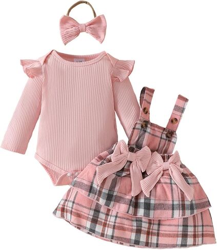Newborn Baby Girl Outfits Long Sleeve Top Plaid Suspender Skirt Floral Dress Headband Baby Clothes in Saudi Arabia
