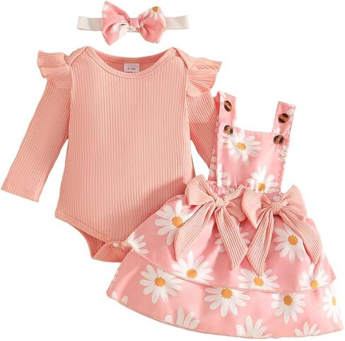 Newborn Baby Girl Outfits Long Sleeve Top Plaid Suspender Skirt Floral Dress Headband Baby Clothes in Saudi Arabia