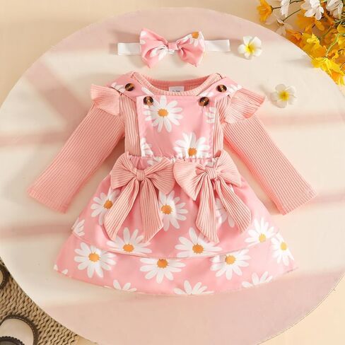 Newborn Baby Girl Outfits Long Sleeve Top Plaid Suspender Skirt Floral Dress Headband Baby Clothes in Saudi Arabia
