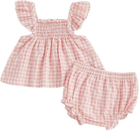 Baby Girl Summer Clothes Plaid Fly Sleeve Ruffle Tops Dress Shorts Set Toddler Girl Outfit 3 6 12 18 24 Months in Saudi Arabia