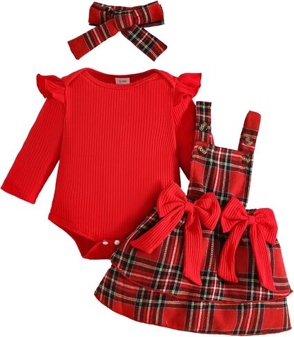Newborn Baby Girl Outfits Long Sleeve Top Plaid Suspender Skirt Floral Dress Headband Baby Clothes in Saudi Arabia