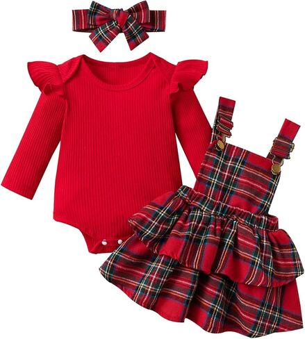 Newborn Baby Girl Outfits Long Sleeve Top Plaid Suspender Skirt Floral Dress Headband Baby Clothes in Saudi Arabia