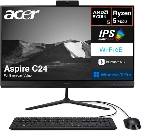 كمبيوتر مكتبي Acer Aspire C24 الكل في واحد (AIO) شاشة 23.8 بوصة 120 هرتز IPS FHD (AMD Ryzen 5 7430U، 16 جيجابايت DDR4، 512 جيجابايت PCIe SSD، AMD Radeon، WiFi 6E، بلوتوث 5.3، كاميرا ويب، Win 11 Home) لوحة مفاتيح وماوس USB in Kuwait