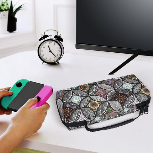 ADECORIVY Black Mandala Carrying Case for Nintendo Switch 1/OLED with Inner Pocket & 20 Game Card Slots - Boho Waterproof Fabric Travel Pouch with Portable Handle in Saudi Arabia
