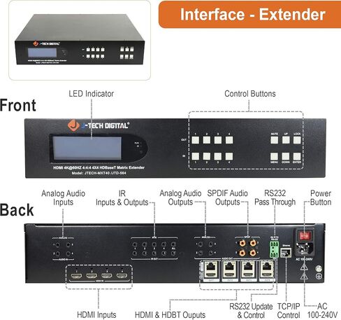 4x4 4K60 هرتز HDMI HDBaseT موسع مصفوفة الجلاد (2U) | يدعم HDMI 2.0، HDCP 2.2، متوافق مع HDR وDolby Vision | 4 أجهزة استقبال PoC، تطبيق التحكم من J-Tech Digital [JTECH-MXT40] in Saudi Arabia