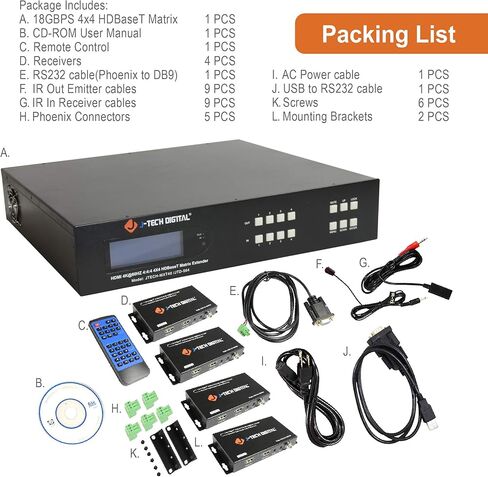 4x4 4K60 هرتز HDMI HDBaseT موسع مصفوفة الجلاد (2U) | يدعم HDMI 2.0، HDCP 2.2، متوافق مع HDR وDolby Vision | 4 أجهزة استقبال PoC، تطبيق التحكم من J-Tech Digital [JTECH-MXT40] in Saudi Arabia