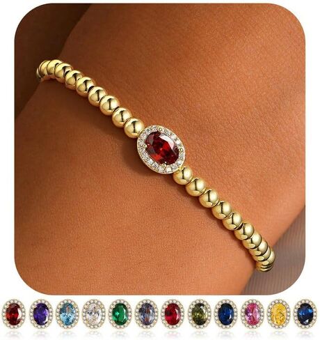 TURANDOSS Valentine's Day Gifts for Women – 14K Gold Plated Oval Charm 12 Months Created Birthstone Beaded Stretch Bracelet Jewelry Valentine's Day Gifts for Wife Girlfriend in Saudi Arabia