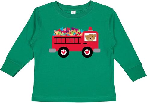 تي شيرت Inktastic Valentine Fire Truck Heart Bear للأطفال الصغار بأكمام طويلة in Kuwait