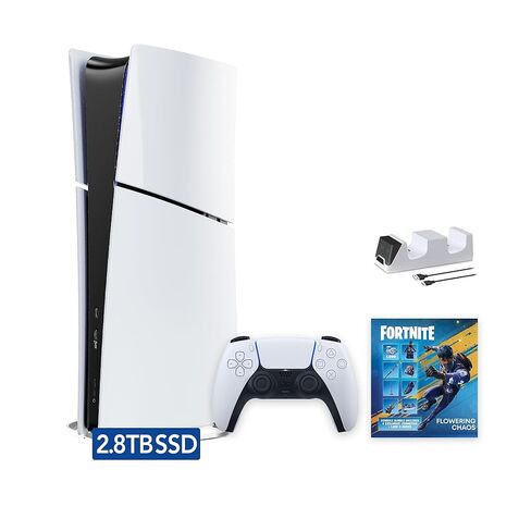 PlayStation 5 Slim Upgraded 2.8TB Digital Edition Fortnite Flowering Chaos Bundle and Mytrix Controller Charger - White, Slim PS5 2.8TB PCIe SSD Gaming Console in Saudi Arabia