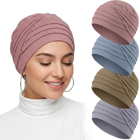 Zhengmy 4 Pcs Chemo Headwear Women Soft Cancer Hats Chemo Elastic Cotton Beanies Scarves for Cancer Patients Hair Loss in Saudi Arabia