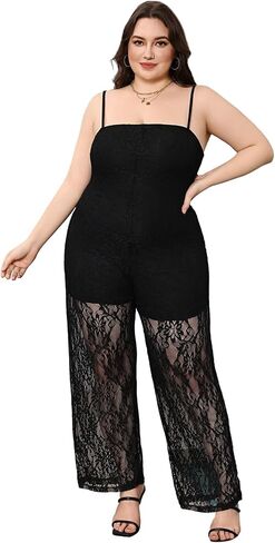 OYOANGLE Women's Plus Size Floral Lace Sheer Jumpsuits Y2K Spaghetti Strap Long Pants Rompers Clubwear in Saudi Arabia