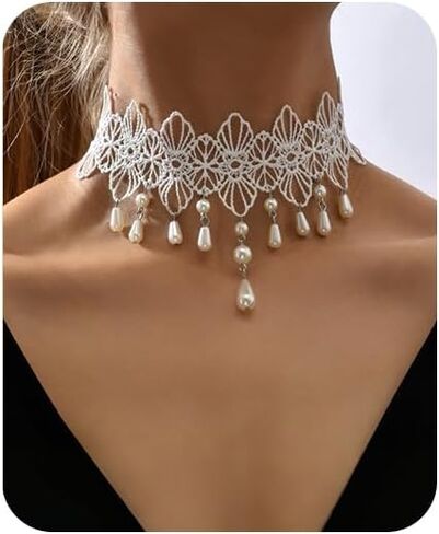 Lace Choker Necklace for Women White Lace Tassel Pendant Choker Necklaces Elegant Boho Collar Necklaces Statement Artistic Chain Necklace with Pearl Halloween Party Cosplay Costume Jewelry in Saudi Arabia