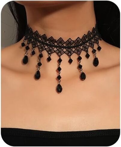 Lace Choker Necklace for Women White Lace Tassel Pendant Choker Necklaces Elegant Boho Collar Necklaces Statement Artistic Chain Necklace with Pearl Halloween Party Cosplay Costume Jewelry in Saudi Arabia