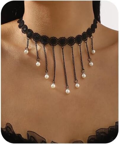 Lace Choker Necklace for Women White Lace Tassel Pendant Choker Necklaces Elegant Boho Collar Necklaces Statement Artistic Chain Necklace with Pearl Halloween Party Cosplay Costume Jewelry in Saudi Arabia