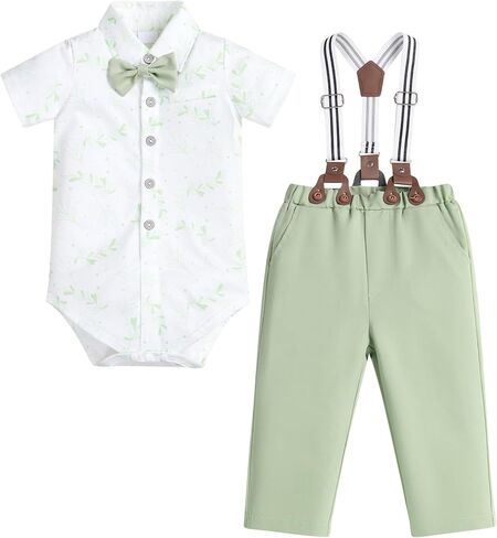 Baby Boy Clothes Gentleman Outfits Infant Bodysuit Short Sleeve Shirt with Bowtie Suspender Pants Suits Set 0-18M in Kuwait