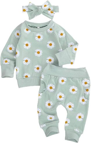 Newborn Baby Girl Spring Clothes Set Floral Printed Sweatshirts Tops + Pants + Headband Infant Girl Outfit in Saudi Arabia
