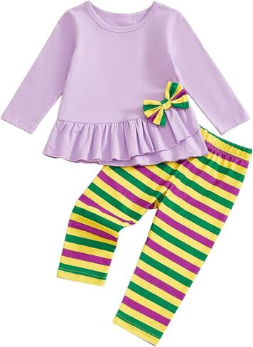 GOOCHEER Toddler Baby Girl Mardi Gras Outfit Long Sleeve Shirt Tunic Dress Top and Striped Pants Leggings Set in Saudi Arabia