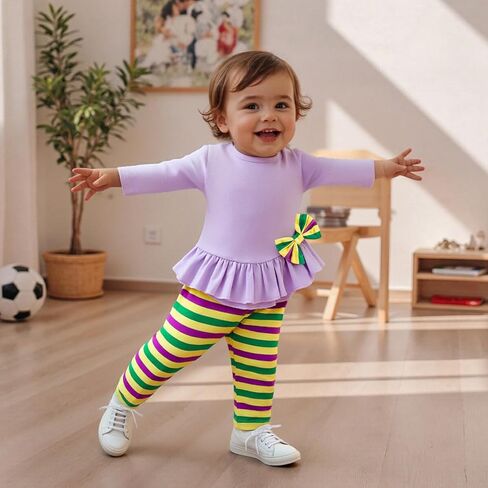 GOOCHEER Toddler Baby Girl Mardi Gras Outfit Long Sleeve Shirt Tunic Dress Top and Striped Pants Leggings Set in Saudi Arabia