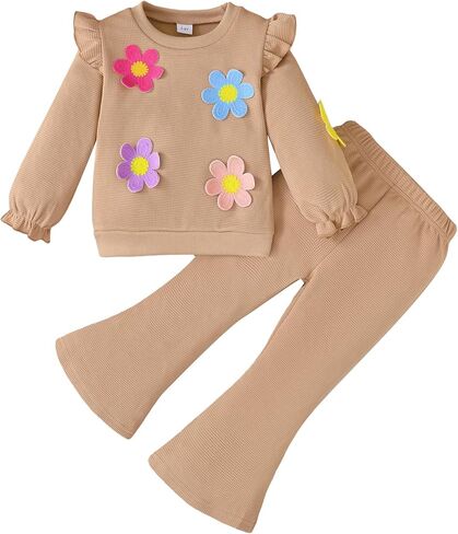 ملابس للفتيات الصغيرات ملابس وافل على شكل زهور كروشيه ثلاثية الأبعاد وبنطلون متوهج ملابس خريف وشتاء للفتيات الصغيرات in Kuwait