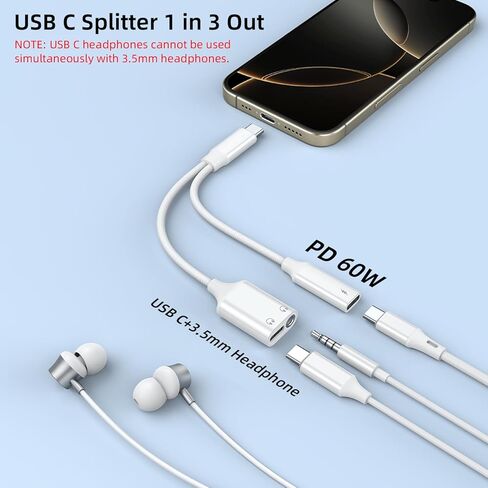 موزع AreMe USB C 1 في 3 مخرج، محول سماعة رأس وشاحن USB C إلى 3.5 مم، كابل دونجل جاك سماعة رأس مزدوج من النوع C مع شحن سريع PD 60 وات in Saudi Arabia