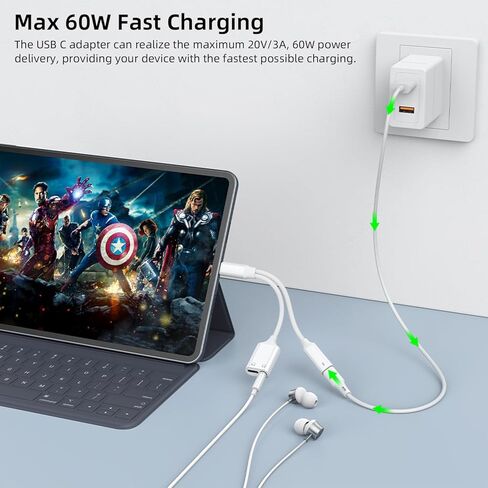 موزع AreMe USB C 1 في 3 مخرج، محول سماعة رأس وشاحن USB C إلى 3.5 مم، كابل دونجل جاك سماعة رأس مزدوج من النوع C مع شحن سريع PD 60 وات in Saudi Arabia