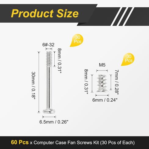 PATIKIL 60Pcs Computer Case Fan Screws Kit, #6-32 x 30mm & M5 x 8mm Long Short PC Cooling Fan Mount Screws for DIY Repair Motherboard Radiators PC Case, (Silver, 30 Pcs of Each) in Saudi Arabia