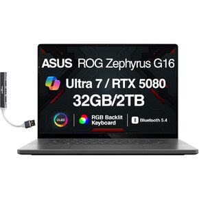 كمبيوتر محمول ASUS ROG Zephyrus G16 AI للألعاب مقاس 16.0 بوصة شاشة ROG Nebula OLED FHD + (Intel Ultra 9-285H، GeForce RTX 5080 16GB، 32GB LPDDR5X، 4TB SSD، RGB KB، Wi-Fi 7، BT 5.4، Win11Home) مع موسع منفذ USB DKZ in Kuwait