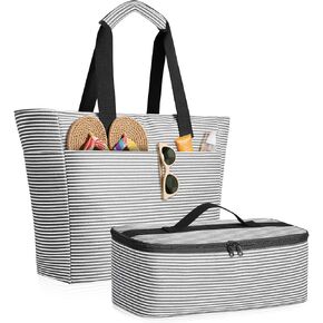 Beach Bag and Cooler Bag Set, 45L Waterproof Beach Tote with Zipper Closure, Foldable Extra Large XXL Family Weekender Bags, with 8 Pockets, Suitable for Pool, Picnic, Shopping, Travel in Kuwait