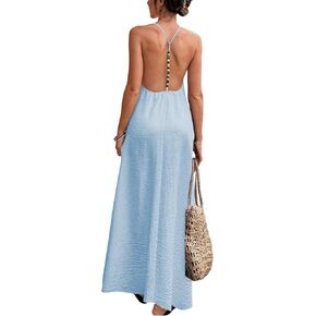Verdusa Women's Linen Dresses Open Backless Flowy Long Maxi Dresses Beaded V Neck Vacation Dress in Kuwait