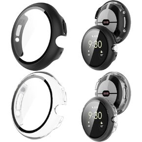 عبوتان من حافظات الساعة المتوافقة مع ساعة Google Pixel Watch 4 مقاس 45 مم، اشحن مع حافظة، واقي شاشة من الزجاج المقوى عالي الدقة، حساس للمس، مقاوم للصدمات، أسود + شفاف in Kuwait