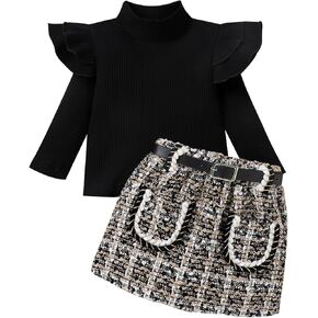 2PCS Infant Baby Girls Ruffles Long Sleeves Turtleneck Sweater + Belted A-line Tweed Plaid Skirt Sets in Kuwait