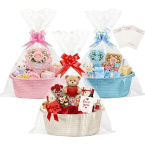 SEISSO 3 Pack Gift Baskets Empty with Gift Bags Ribbon Bows Cards, Small Woven Gift Basket with Handles for Valentine's Day Easter Birthday Baby Shower Christmas Toys, 12"x 8"x 5",White, Pink, Blue in Saudi Arabia
