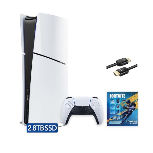 جهاز بلاي ستيشن 5 النحيف المحدث 2.8 تيرابايت، الإصدار الرقمي Fortnite Flowering Chaos Bundle وكابل Mytrix 8K HDMI فائق السرعة - أبيض، وحدة تحكم ألعاب PS5 نحيفة 2.8 تيرابايت PCIe SSD in Kuwait