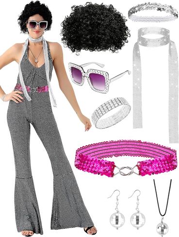 مجموعة أزياء ديسكو السبعينيات للنساء، مجموعة أزياء بذلة ريترو، إكسسوارات السبعينيات، نظارات شعر مستعار لحفلات الهالوين in Kuwait