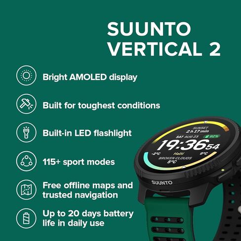 SUUNTO Vertical 2 GPS Sport Watch with 1.5" AMOLED Touchscreen, Pine Green & SUUNTO 22 ATH6 Silicone Strap All Black S+M in Saudi Arabia