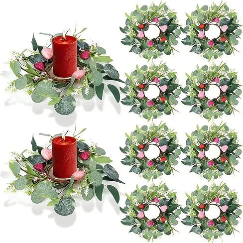 6 Pcs Valentine Candle Rings Wreaths Red Pink Wooden Heart Artificial Heart Berries Valentine's Day Candle Holder Rings Mini Wreaths Decor in Saudi Arabia